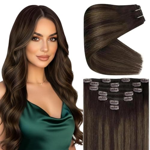 Ve Sunny Real Hair Extensions Clip in Human Hair Dark Brown Ombre Hair Extensions Balayage Chestnut Brown Remy Clip in Hair Extensions 20 Inch 120g - Image 1