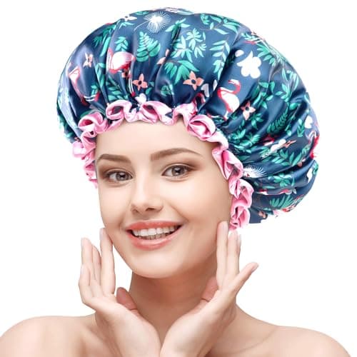 mikimini Large Shower Cap for Women Long Hair, Flamingo Shower Caps with Pink Lace, Double-layer Waterproof, Reusable, Washable,X-Large (Pack of 1) - Image 1
