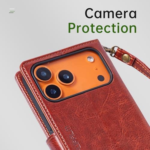 FLIPALM Wallet Case for iPhone 17 Series with Wrist Strap - PU Leather Folio Flip with Credit Card Holder & Kickstand, Protective Cover (Brown, for iPhone 17 Pro Max) - Thumbnail 5