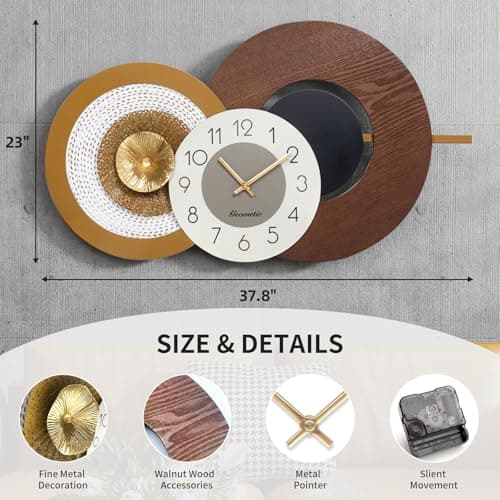 37.8x23 Inch Large Mid-Century Modern Wall Clock, Oversized Wood and Metal Frame Brown Decorative Clock for Living Room, Kitchen, Bedroom, Office - Thumbnail 2