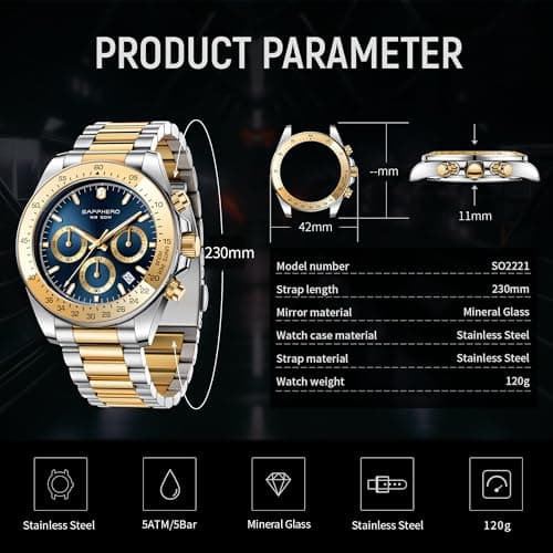SAPPHERO Mens Watches Stainless Steel Analog Quartz Chronograph Waterproof Men's Wrist Watches Business Classic Fashion Dress Watch with Calendar Gifts for Men - Thumbnail 6