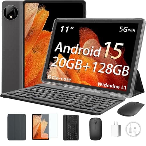 2025 Tablet 11 Inch Android 15 Tablet, 20 GB RAM 128 GB ROM 1TB TF, 1280x800 HD IPS, 8000 mAh, 2.4G/5G WiFi BT 5.0, GMS Certified, Octa-Core, 5MP + 8MP dual cameras, Keyboard Mouse, case (Black) - Image 1