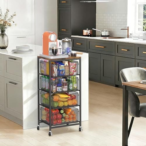 SUNALLY Rolling Cart with Drawers, 4-Tier Utility Cart Snack Storage Organizer with Lockable Wheels, Metal Kitchen Storage Cart with Wooden Top for Craft, Bathroom, School, Office, Bedroom, Black - Thumbnail 4