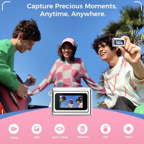 HOTU Mini Keychain Camera, Y2K Portable Mini Digital Camera, 2MP 1080P Video Recording Small Camera with 32GB Card for Kids, Long Battery Life for Travel, Vlog, Silver - Thumbnail 2