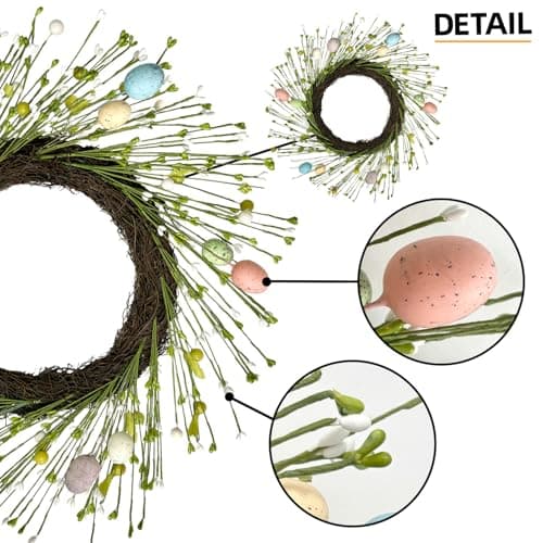 HipTree 16 Inch Farmhouse Easter Wreath for Front Door, Artificial Pastel Spring Wreath with Mini Easter Eggs, Handcrafted Wreaths for Entryway Mantel Window Indoor Outdoor Decorations - Thumbnail 3