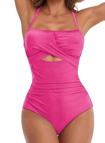 Dokotoo One Piece Bathing Suit for Women 2026 Summer Adjustable Spaghetti Straps Front Cutout Monokini Solid Color Bodysuit Swimsuit Vaction Tummy Control Beach Wear Rose Red X-Large - Image 1