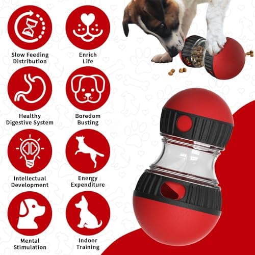 COSOWO Interactive Dog Treat Dispenser and Puzzle Toys, Dog Slow Food Feeder Rolling Ball for Reducing Boredom and IQ Training Toys, Red - Thumbnail 2