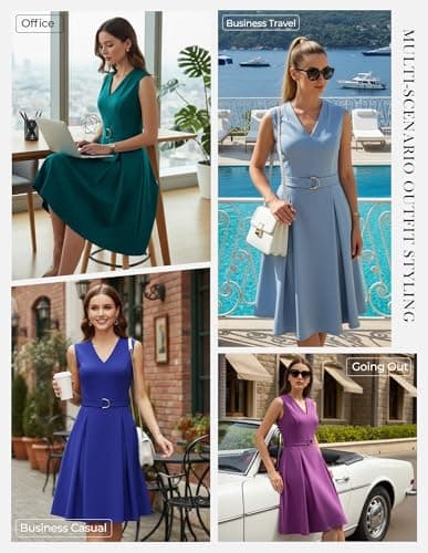 GRACE KARIN Women's Wear to Work Dresses 2026 Business Office Fit and Flare Midi Dress Church Outfits with Pockets Purple XXL - Thumbnail 2