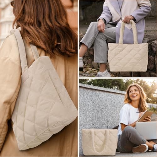 soewten Puffer Tote Bag for Women, Quilted Bag with Zipper, Small Tote HandBags for Work, Travel, Greyish Brown - Thumbnail 2