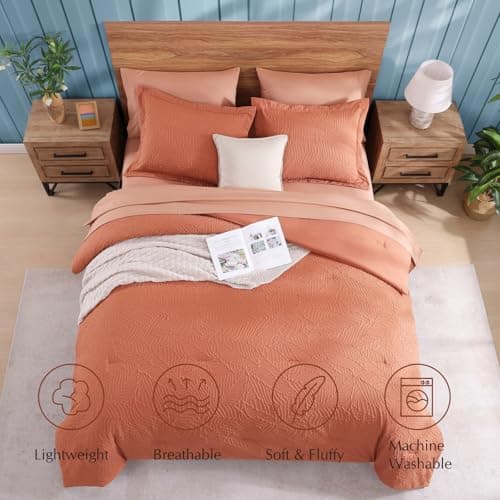 Geniospin Twin Comforter Set - 5 Pieces Burnt Orange Bedding Set, Botanical Textured Comforter Set, All Season Lightweight Bed in a Bag with Comforter, Sheets, Pillowcases & Shams - Thumbnail 5