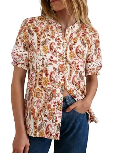 GRACE KARIN Women Boho Floral Tops, Summer Short Eyelet Sleeve Dressy Casual Shirts, Spring Button Down Blouse 2026 Trendy Red Orange XX-Large - Image 1