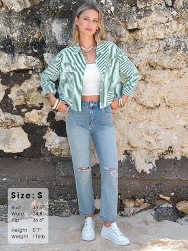 EXLURA Women's 100% Cotton Striped Cropped Button Down Shirt Long Sleeve Blouse Summer Casual Collared Crop Tops with Pockets Green - Thumbnail 4
