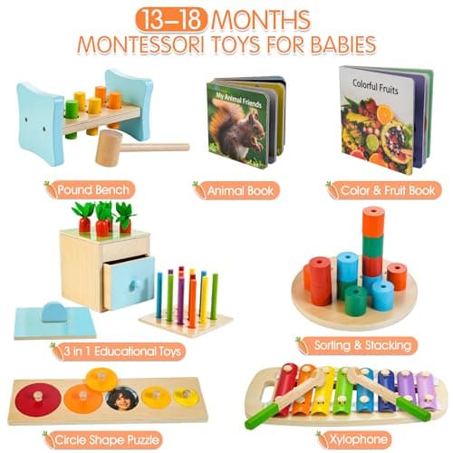 WOODMAM Wooden Montessori Toys for 1+ Year Old, 9 in 1 Learning Educational Toys for Toddler with Educational Box, Xylophone, Pound Bench, Shape Puzzle and More, Baby Toy Gift for 13-18 Months - Thumbnail 2