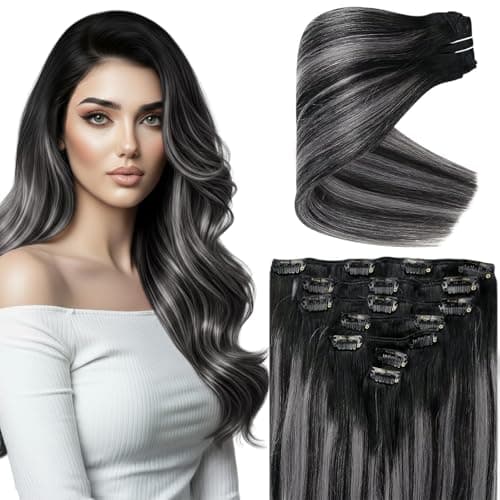 Ve Sunny Clip in Hair Extensions Real Human Hair Balayage Ombre Real Hair Extensions Clip ins Human Hair Black Mix Grey Silver Long 7pcs 120g 22 Inch - Image 1