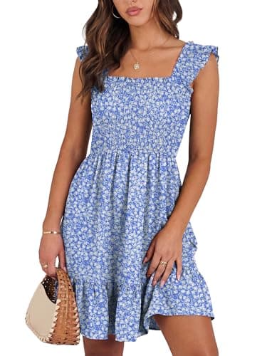 Caracilia Women Summer Casual Sleeveless Square Neck Sun Dress Smocked Ruffle Backless Boho Beach Vacation Cute Short Dresses Blue White Floral Large - Image 1