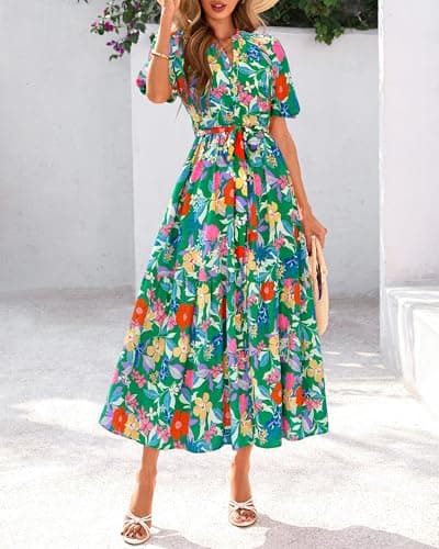 BTFBM Summer Dresses for Women 2026 Boho Short Sleeve V Neck Button Belt Flowy Spring Clothes Beach Vacation Maxi Dress(Floral Orange Green, X-Large) - Thumbnail 6