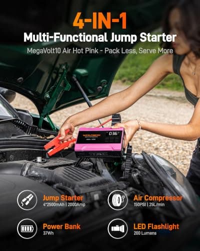 WOLFBOX 2000A Jump Starter with Air Compressor, 37Wh Car Battery Booster Jumper Starter Portable(up to 5L Gas Engine), 12V Jump Box Pack with 150PSI Tire Inflator, Jumper Cables, LED Light — Hot Pink - Thumbnail 2