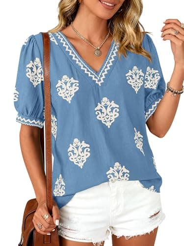 BTFBM Casual Spring Shirts for Women Beach Fashion Going Out Tops Vacation Short Sleeve Floral Boho Blouses Tunics(Light Blue Apricot Flower,XX-Large) - Image 1