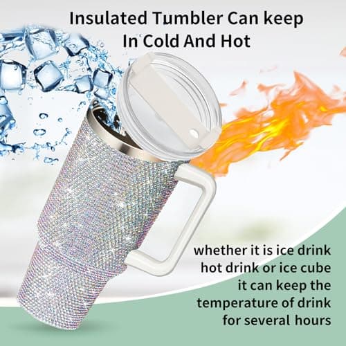HWISDMIG 40oz Tumbler with Handle-Glitter Rhinestones Tumbler Bling Cups Stainless Steel Water Bottle Diamond Studded Tumbler for Women-Birthday Gifts for Women, Mom, Wife, Girlfriend (40 oz, Shiny) - Thumbnail 3
