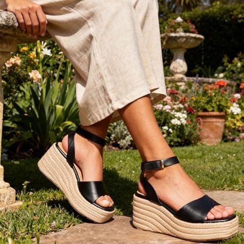COMFITORIA Wedge Sandals for Women Espadrille Platform Wedge Heels Adjustable Strap Braided Sandal Summer Open Toe Vacation Slip-On Sandals Bohemia Beach Comfortable Dressy Shoes,(Black, Size 6) - Thumbnail 3