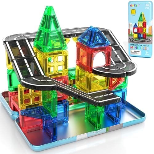 ORZbb Mini Magnetic Tiles Road with Case Toddler Travel Toys Trip Essentials Set, Magnetic Building Blocks Toys for 3 4 5+ Year Old Boys Girls Montessori Sensory Learning Easter Birthday Gifts - Image 1
