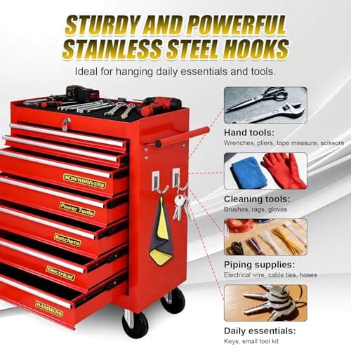 Magnetic Tool Box Labels and Hooks Set, 12 PCS Toolbox Magnetic Labels + 4PCS Self Adhesive Metal Hooks, Reusable Tool Box Accessories Organize for Steel Carts, Drawers, and Cabinets (Orange) - Thumbnail 4