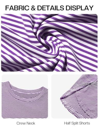 JUSTFASHIONNOW Womens Striped Pajama Sets Long Sleeve Top and Split Shorts Matching Lounge Set Loungewear Crew Neck Sleepwear Soft Pjs Fall Winter Cute Outfits (Purple, Small) - Thumbnail 6