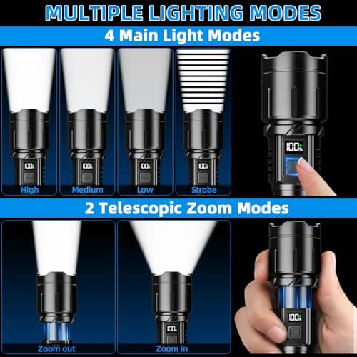 KNIBO Rechargeable Flashlight 99000 High Lumens, LED Super Bright Flash Light, Tactical Flashlights with LCD Power Display, 6 Modes, Waterproof, Brightest Flashlight for Emergencies Camping - Thumbnail 6