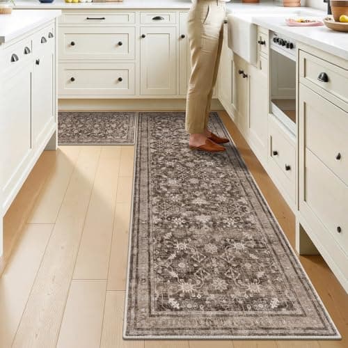Ileading Kitchen Rugs Sets of 2 Non Slip, Washable Kitchen Mats for Floor with Rubber Bottom, Farmhouse Kitchen Carpet Runner Set for Office, Sink, Laundry, Taupe Brown - Image 1