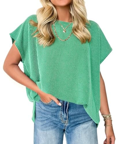 Womens Summer Oversized Tshirts Ribbed Short Cap Sleeve Tops Side Split Tees Loose Fit Dressy Casual Shirts Teacher Outfits Green M - Image 1