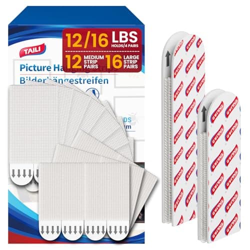 TAILI Picture Hanging Strips Heavy Duty, 16 Pairs Large & 12 Medium (28 Pairs, 56 Strips) Frame Hangers Kits for Walls, Without Nail, Damage Free Adhesive Decor, Art, Mirror - Image 1