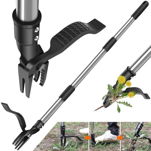 GOXAWEE Weed Puller Tool, 4-Claw Stand Up Weeder with Adjustable 46” Handle for Remove Weeds Without Bending, Pulling or Kneeling - Image 1