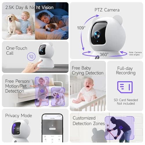 CINMOORE 2.5K Pet/Dog Camera with Speaker/Phone App, No-Monthly-Fee AI Person/Pet/Cry Detection Security Camera Indoor, PTZ 2.4GHz WiFi Baby Monitor Cameras for Home Security, Night Vision, 2-Way Talk - Thumbnail 2