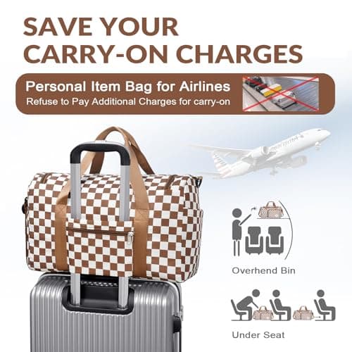 WOOMADA Foldable Travel Duffel Bag for Women, Weekender Bags with Shoes Compartment,Overnight Bag with Wet Pocket & Trolley Sleeve(brown checkerboard) - Thumbnail 5