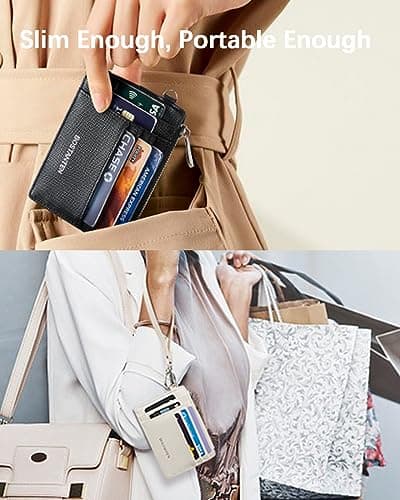 BOSTANTEN Small Wallet For Women RFID Leather Credit Card Holder Slim Wristlet Keychain Wallet With Zipper Pocket White Cow Print - Thumbnail 6