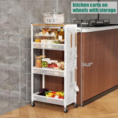 KITREPAION 4-Tier Slim Storage Cart with Wheels,Small Mobile Organizer Shelf with Wooden Top & Metal Handle for Kitchen, Laundry Room, Bathroom, Office (White, 9.1 inch) - Thumbnail 2