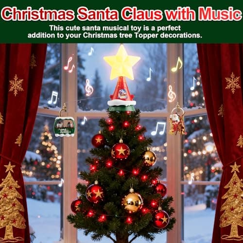 Christmas Tree Topper, Star Motion Rotating Santa's Reindeer Sleigh + Snowmen in Green Cable Car with Merry Xmas Slogans, Illuminated LED Star Christmas Party with Music for Christmas Tree Decor - Thumbnail 6