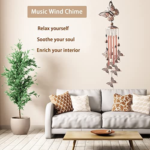 Wind Chimes for Outside, 33" Butterfly Wind Chimes Outdoor, Birthday Gifts for Women Mom Sister, Gift for Garden Porch Patio Home Decor (Golden) - Thumbnail 2