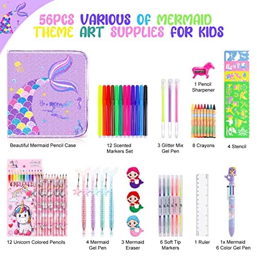 MAIGOZON Mermaid Art Craft Kit for Kids, 56 Piece Set with Pencil Case, Markers, Crayons, Gel Pens, Erasers, Stencils, Ruler - Thumbnail 2