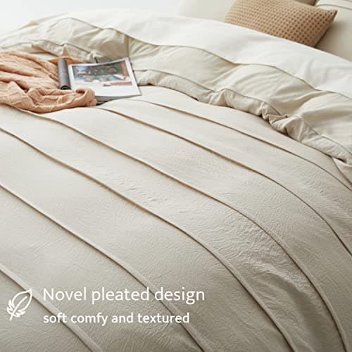 Oli Anderson Beige Duvet Cover King Size - Pleated King Duvet Cover, 3PCS Soft and Breathable Textured Bedding Set with Zipper Closure(Beige,104"x90") - Thumbnail 3