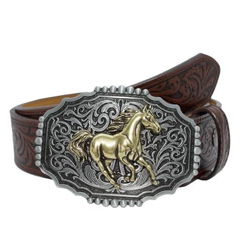 EONTISO Western Belt for Women Cowgirl Cowboy PU Leather Belts for Jeans, Floral Embossed Vintage Buckle, HorseBrown S - Image 1