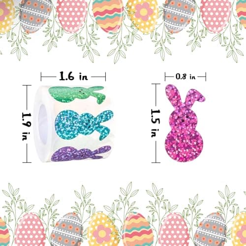 Oeyliz Easter Bunny Stickers Roll Easter Glitter Bunny Stickers Sparkly Colorful Rabbit Pattern Decals Easter Rabbit Adhesive Decal for Envelope Cards Gift Decor Holiday DIY Craft 500 PCS - Thumbnail 6