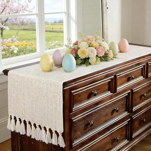 yuboo Boho Dresser Runners for Bedroom, Rustic Farmhouse Table Runner 72 inches Long, Woven Shabby Coffee Dresser Runner, Beige Table Runners for Dining Bridal Shower Dresser Spring Table Decor - Image 1