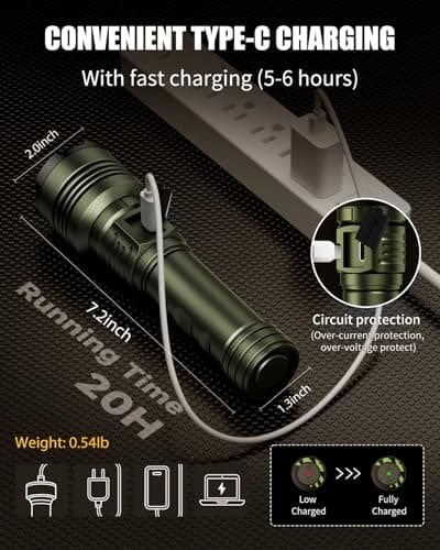 SKYFIRE LED Flashlights High Lumens – Super Bright 3000 Lumens Rechargeable Tactical Flashlight with Zoomable Beam, 5 Modes, Waterproof & Powerful Flash Light for Camping & Emergencies - Thumbnail 3