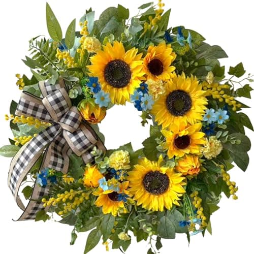 WANNA-CUL 24 Inch Spring Wreaths for Front Door with Yellow Sunflowers,Summer Door Wreaths with Daisy and Linen Ribbon,Valentines Day Wreath,Mothers Day Wreath for Wall or Home Decoration - Image 1