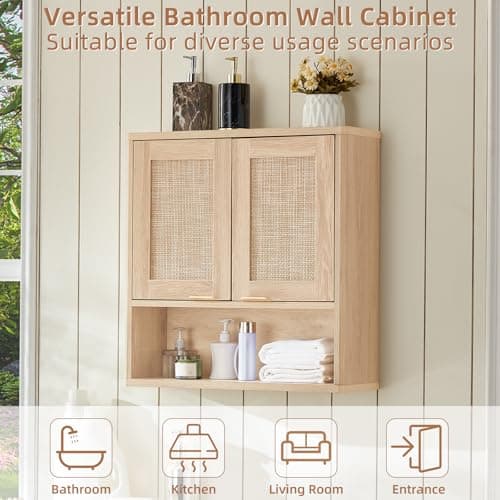 LEYAOYAO Rattan Bathroom Wall Cabinet, Boho Medicine Cabinet with Adjustable Shelf & Doors, Over The Toilet Storage Cabinets Organizer for Laundry Room, Kitchen, Living Room, Natural - Thumbnail 5