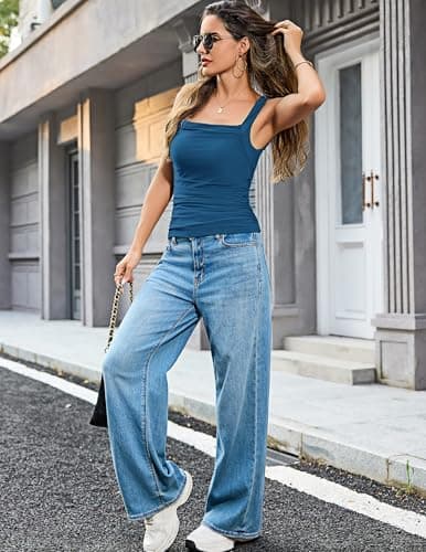 Totatuit Womens Tank Tops T Shirts Double Layer Square Neck Wide Strap Ruched Tee Tank Blue - Thumbnail 6