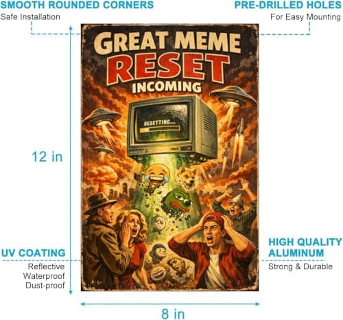 Great Meme Reset Incoming Metal Sign - 8x12 Inch Vintage Tin Plaque Featuring Meme Icons & Alien Invasion Art, Perfect for Humorous Home or Office Decor, Pre-Drilled for Easy Hanging - Thumbnail 6
