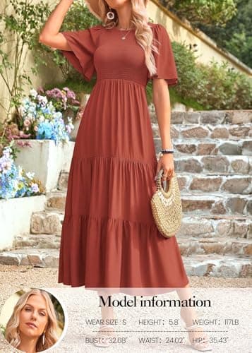 KIRUNDO Womens Dresses Casual Spring Summer Short Sleeve A Line Flowy Smocked Midi Blush Crew Neck Ruffle Tiered Beach Dress(Medium, Brick Red) - Thumbnail 4