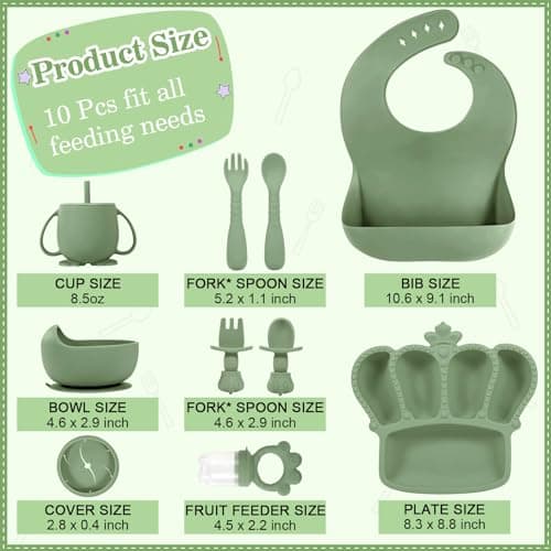 BXLL Olive Green 10 Pcs Baby Led Weaning Supplies - Silicone Baby Feeding Set with Suction Bowl, Divided Plate, Bibs, Fruit Feeder, Pacifier, Spoons, Forks, Sippy Cup & Snack Cup - Thumbnail 2